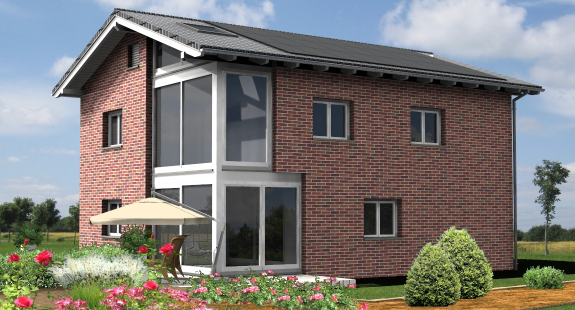 Holzhaus 156H20 &ndash; zweigeschossiges Haus mit Klinkerfassade, gro&szlig;em Fensterband, PV-Dach und kleiner Terrasse im Vorgarten.